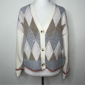 Rachel Zoe Academia Argyle Preppy Cardigan Sweater Size S Neutral Long Sleeve